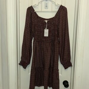 Lucky Brand Smocked Dress Plaid Red Black White Womens Large Soft